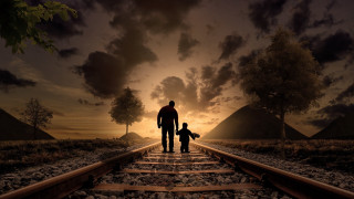 Man child train track sunset - a sky background and trees free wallpaper for desktop