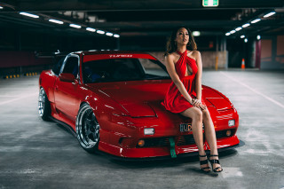 Woman red dress on car - japanese free wallpaper for desktop