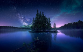 Lake tree night stars clouds 2 - star above free wallpaper