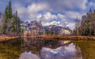 Mountain lake forest city sunset - wide angle len free wallpaper for desktop