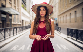 Woman red dress hat street - a street corner free wallpaper