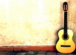 Guitar brickwall stilllife photorealistic celiafiennes - a brick floor free wallpaper