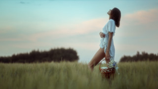 Woman field basket flowers sky - a basket of flowers free wallpaper