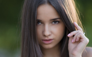 Woman long hair serious portrait 6 - realistic shaded perfect face free wallpaper