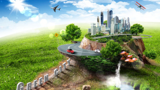 Car waterfall city bridge mountain - a waterfall in the middle free wallpaper