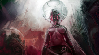 Woman red dress alley light - biopunk free wallpaper