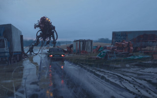 Large robot truck rain dystopian - dystopian art free wallpaper