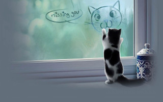 Cat looking out window drawing - funny free wallpaper