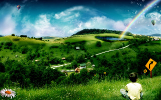 Boy hill rainbow matte painting - a boy free wallpaper
