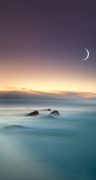Crescent moon ocean dusk rock - tranquil free wallpaper