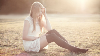 Woman sitting field sunset lace 2 - claire falkenstein free wallpaper