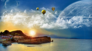 Sunset hotairballoons town water boat - hot air balloon free wallpaper