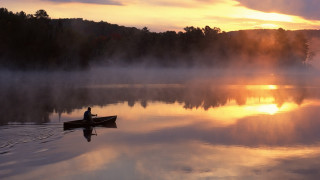 Canoe lake sunset mist trees 2 - photograph free wallpaper for desktop