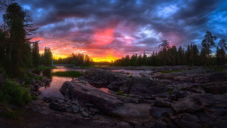 Sunset river rocks trees clouds 2 - a sunset over a river free wallpaper for desktop