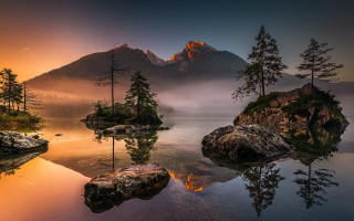 Mountain lake forest foggy sunset - derold page free wallpaper