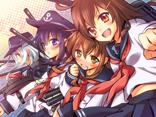 Anime girls guns hats arms - their head free wallpaper