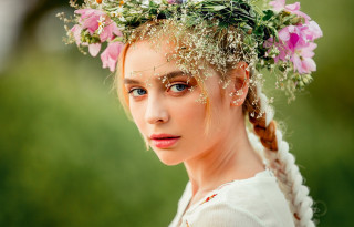 Woman flowercrown braids whitedress photorealistic - a flower crown free wallpaper