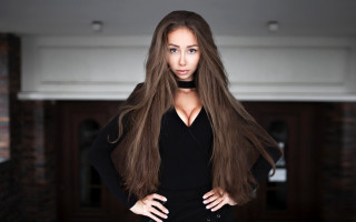 Woman longhair brickwall blackdress portrait - long dark hair free wallpaper