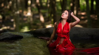 Woman red dress river woods - a red dress free wallpaper for desktop