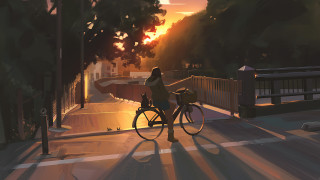 Woman bike sunset bridge city - plein air free wallpaper for desktop
