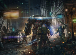 City robots street battle concept - cinematic concept art free wallpaper