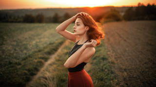 Woman red skirt field hair - a red skirt free wallpaper for desktop