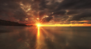 Sunset water boat mountain clouds 4 - arthur pan free wallpaper