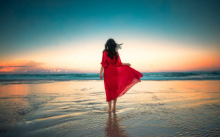 Woman red dress beach sunset 4 - woman free wallpaper