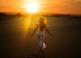 Woman white dress desert sunset 3 - a desert free wallpaper