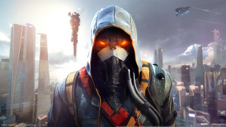 Man hooded gasmask futuristic city - his hand in free wallpaper