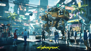 Giant robot city street cyberpunk - free cyberpunk wallpaper