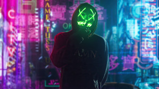 Neon mask cyberpunk cityscape hologram - computer art free wallpaper