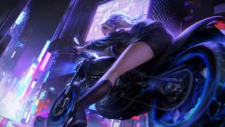 Futuristic city night neon motorcycle - a woman riding free wallpaper