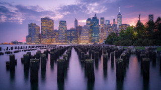 City skyline water dock precisionism - a dock in the foreground free wallpaper