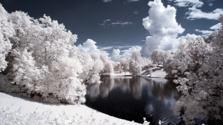 Lake trees snow clouds bridge - a bridge in the distance free wallpaper