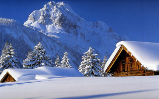 Snowy mountain cabin trees blue 2 - naive free wallpaper