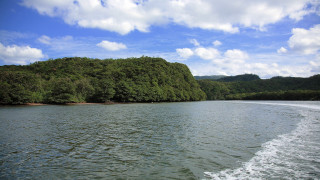 Boat river forest hillside sunny - blue sky and clouds free wallpaper