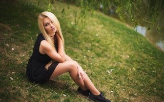 Woman sitting pond tree nature - the grass next free wallpaper