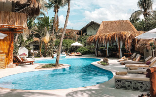 Resort pool lounge chairs umbrella - elaine duillo free wallpaper for desktop