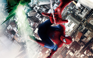 Spiderman flying city skyscrapers green - the top of the building free wallpaper