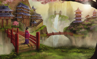 Woman purple dress bridge waterfall - a purple dress free wallpaper for desktop