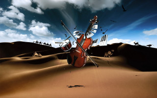 Violin desert mountains ocean sky - surrealistic free wallpaper