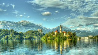 Lake island church mountains arts - a small island in the middle of it free wallpaper