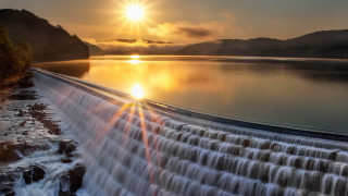 Waterfall sunset cityscape mountain river - alson s. clark free wallpaper for desktop