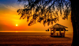 Small gazebo beach sunset tree - the sun setting free wallpaper for desktop