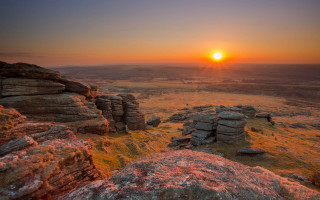 Sunset rocky landscape trees ocean - scene free wallpaper