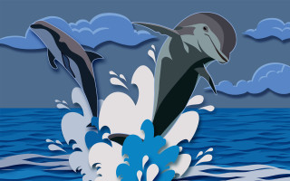 Dolphin jumping water sky clouds - illustration free wallpaper