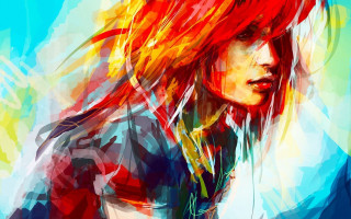 Red haired woman blue shirt - carne griffiths free wallpaper for desktop
