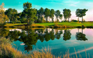Golf pond trees clouds reflection - a pond and trees free wallpaper for desktop