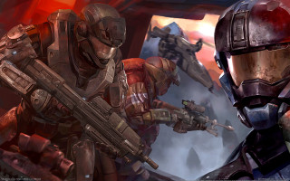 Armor guns red background glowing - a couple of men free wallpaper